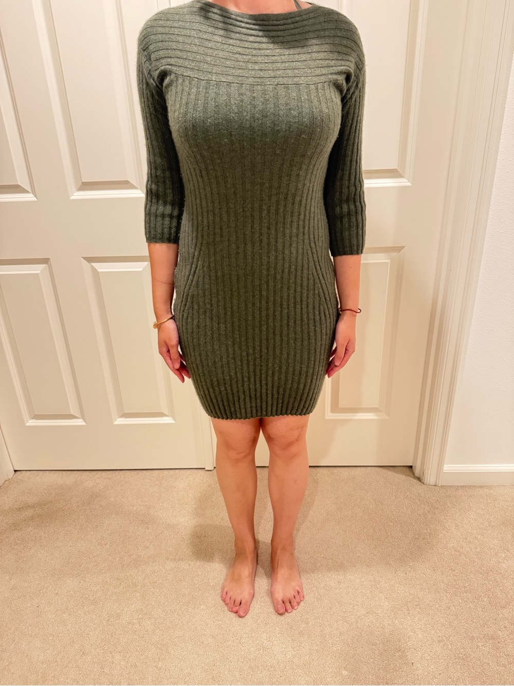 LOCKHART 100% Cashmere Sweater Dress — Olive Green Ribbed Knit, Size S